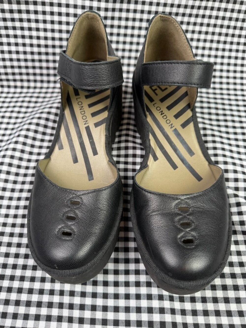 Fly London BISO305FLY Black Leather Mary Jane Wedge Sandals Size EU 37 US 6.5 - Picture 2 of 5